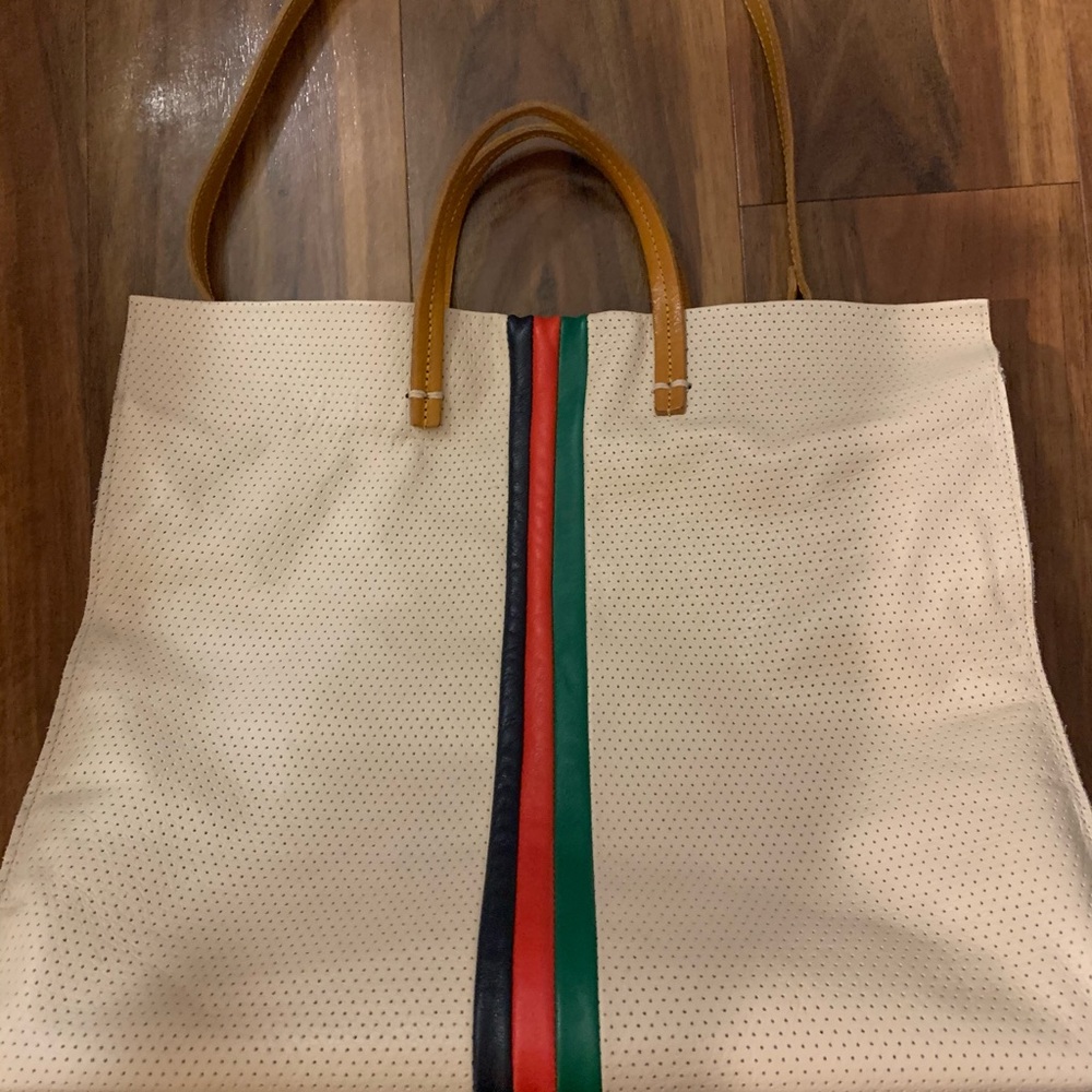 Claire V Striped Leather Tote Bag
